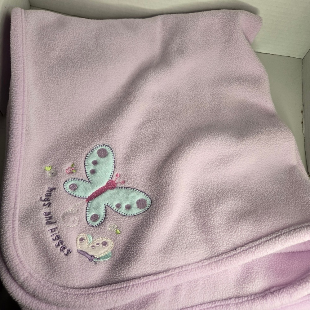 Carters Just One Year Purple Butterfly Baby Blanket Hugs and Kisses Fleece 28x32